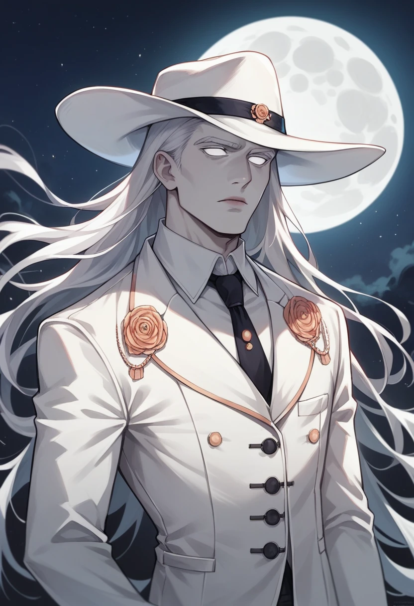 masterpiece, top quality, One focus, (perfect face:1.1), (high detail:1.1),Dramatic, 1 guy, (pale skin), long voluminous braided white hair, white eyes, One, long hair, moon, night, white luxury suit, White Fedora Hat, coated navel, Plump lips, coated, Jazz Club, detailed background, Art by Artgerm and Greg Rutkowski, Gothic Renaissance, Cinematic lighting,