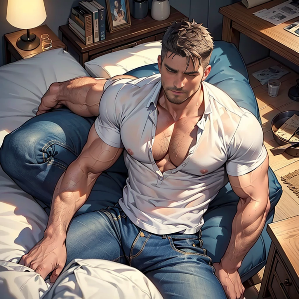 NSFW ,Award-winning original photos, STEPHEN AMELL SHOWING A PART OF HIS COCK, wild muscular man, (40 years old daddy:1.1), burly, hunk, hot, big shoulders, musculature, jeans, (unbuttoned white wet shirt), chest showing, sweaty, steamy environment, ((drunk, tired expression)), goodnight, (laying and sleeping on a bed), from above, Cinematic lighting, Masterpiece, RAW photo, Intricate details, hdr, (Best quality, A high resolution, Photorealistic),