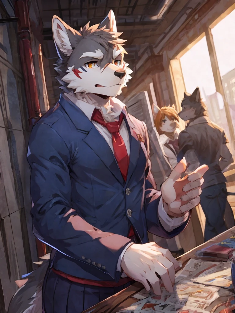 embedding:Gray wolf,Golden Eyes，Single Person,a scar on the face.Gray fur，High school students,male school uniform,Scratch head,Standing by the school locker,Nervous,Male.Thin,Handsome,Smart,Nervous,Best quality hands, best quality eye，detailed fur，Delicate eyes.Extreme picture quality，by sollyz,by zixiong,by null_ghost