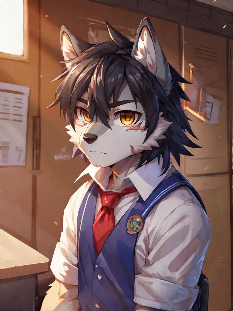 embedding:Gray wolf,Golden Eyes,Single Person,a scar on the face.Gray fur,High school students,male school uniform,Scratch head,Standing by the school locker,Nervous,Male.Thin,Handsome,Smart,Nervous,Best quality hands, best quality eye,detailed fur,Delicate eyes.Extreme picture quality,by sollyz,by zixiong,by null_ghost