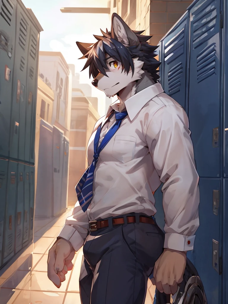 embedding:Gray wolf,Golden Eyes,Single Person,a scar on the face.Gray fur,High school students,school uniform,Scratch head,Standing by the school locker,Nervous,With his school uniform jacket in his hand,Male.Handsome,Smart,Best quality hands, best quality eye,detailed fur,Delicate eyes.Extreme picture quality,by sollyz,by zixiong,by null_ghost