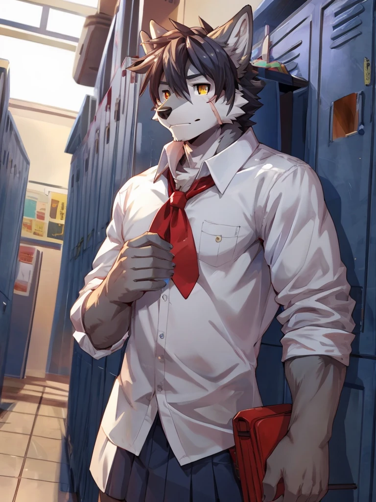 embedding:Gray wolf,Golden Eyes,Single Person,a scar on the face.Gray fur,High school students,male school uniform,Scratch head,Standing by the school locker,Nervous,Male.Thin,Handsome,Smart,Nervous,Best quality hands, best quality eye,detailed fur,Delicate eyes.Extreme picture quality,by sollyz,by zixiong,by null_ghost