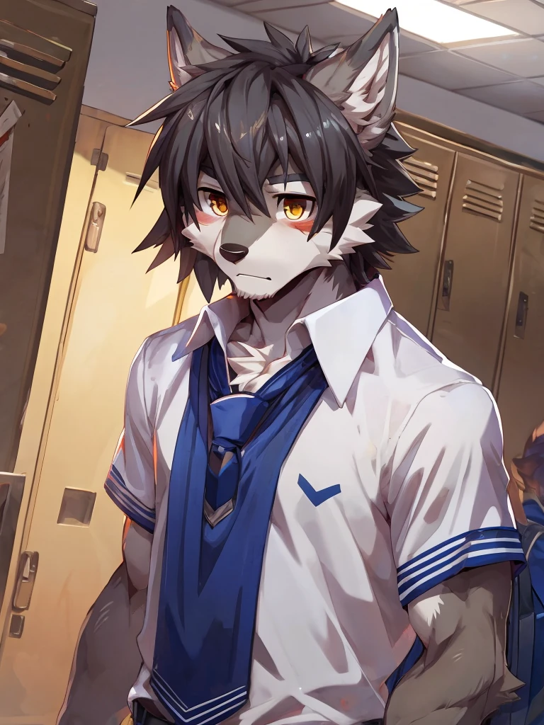 embedding:Gray wolf,Golden Eyes,Single Person,a scar on the face.Gray fur,High school students,male school uniform,Scratch head,Standing by the school locker,Nervous,Male.Thin,Handsome,Smart,Nervous,Best quality hands, best quality eye,detailed fur,Delicate eyes.Extreme picture quality,by sollyz,by zixiong,by null_ghost