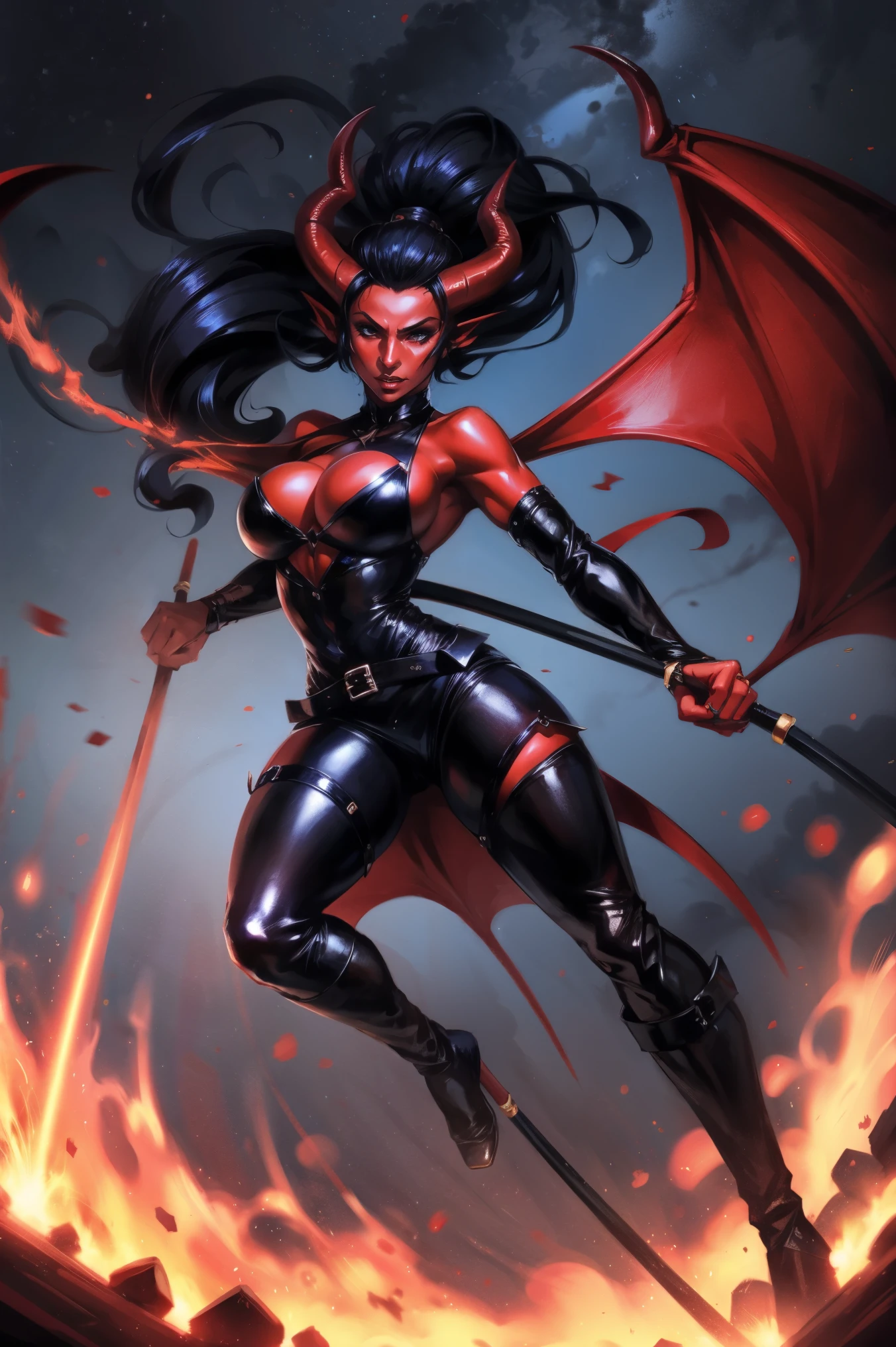 Red skin succubus tiefling, medium breasts, black horns, wings, huge tail, black leather, tall, toned, graceful, thin, long black ponytail. Action scene, whip. Dark scene, explosions, night sky.