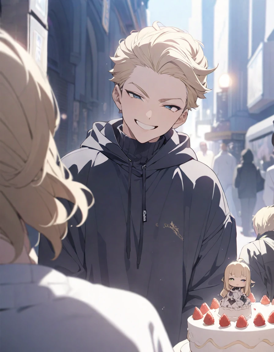 masterpiece，Highest quality，Super detailed，figure，Delicate and detailed，Intricate details，Cinematic Light，Highest qualityのバックライト，1 male, Short fluffy blonde hair, head tilted back, smile, Handsome, Open your mouth, Smug eyes, cool illustration, Street style clothing, birthday,Stuffing cake into one&#39;s mouth,
