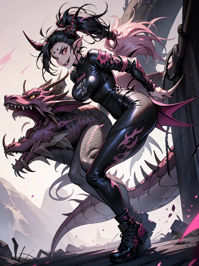 half dragon female with grey skin, with black hair twin tails style, with pink streaks, sharp teeth, biker outfit, dragon tail and dragon horns, full body