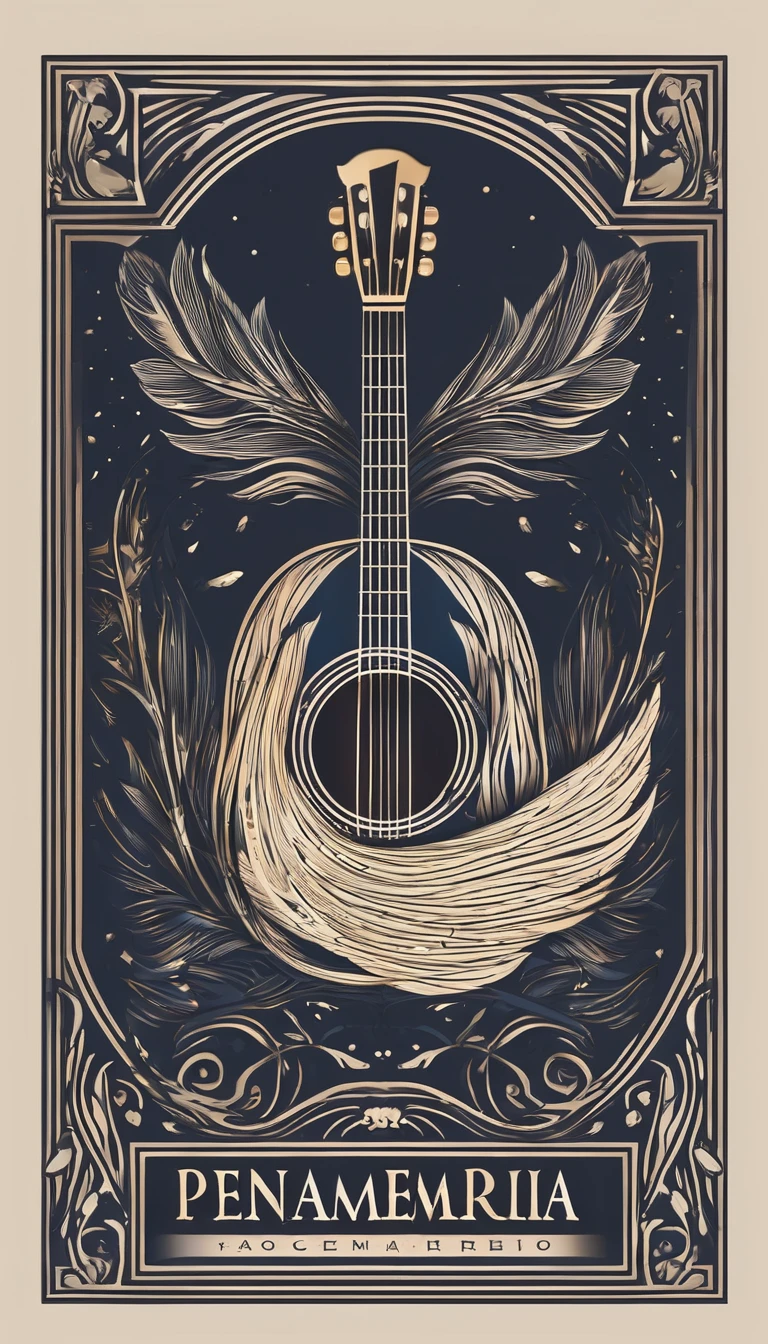 A minimal, modern, simple, cinematic logotype for the brand “Penamemoria". The logotype must be a simple, magical feather and a boy playing acoustic guitar. The logo must convey a sense of music, stories and dreams. Logo design impressed on a book cover. Minimalistic logo