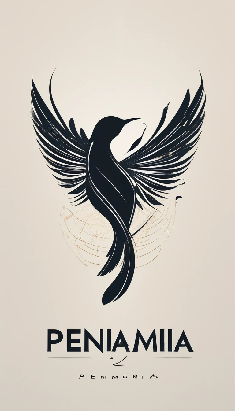 A minimal, modern, simple, cinematic logotype for the brand “Penamemoria". The logotype must be a simple, magical feather and a boy playing acoustic guitar. The logo must convey a sense of music, stories and dreams. Logo design impressed on a book cover. Minimalistic logo