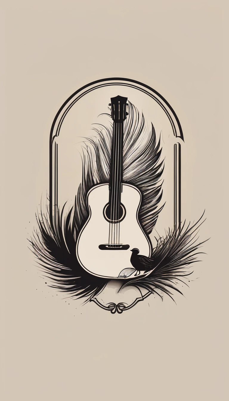 A minimal, modern, simple, cinematic logotype for the brand “Penamemoria". The logotype must be a simple, magical feather and a boy playing acoustic guitar. The logo must convey a sense of music, stories and dreams. Logo design impressed on a book cover. Minimalistic logo
