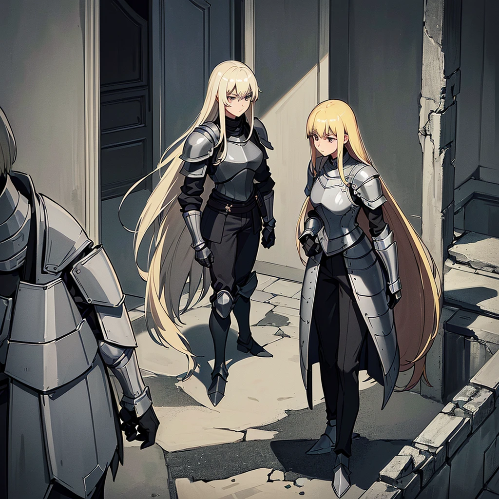 Best illustrations、Best Quality、(Full body character concept、detailed)、(((Simple grey armor、Black trousers、Black gloves、woman、18-year-old、Blonde、Long Hair)))、(((Get Ready)))、(From above at an angle)、(Old ruins、Grasedieval knights４people