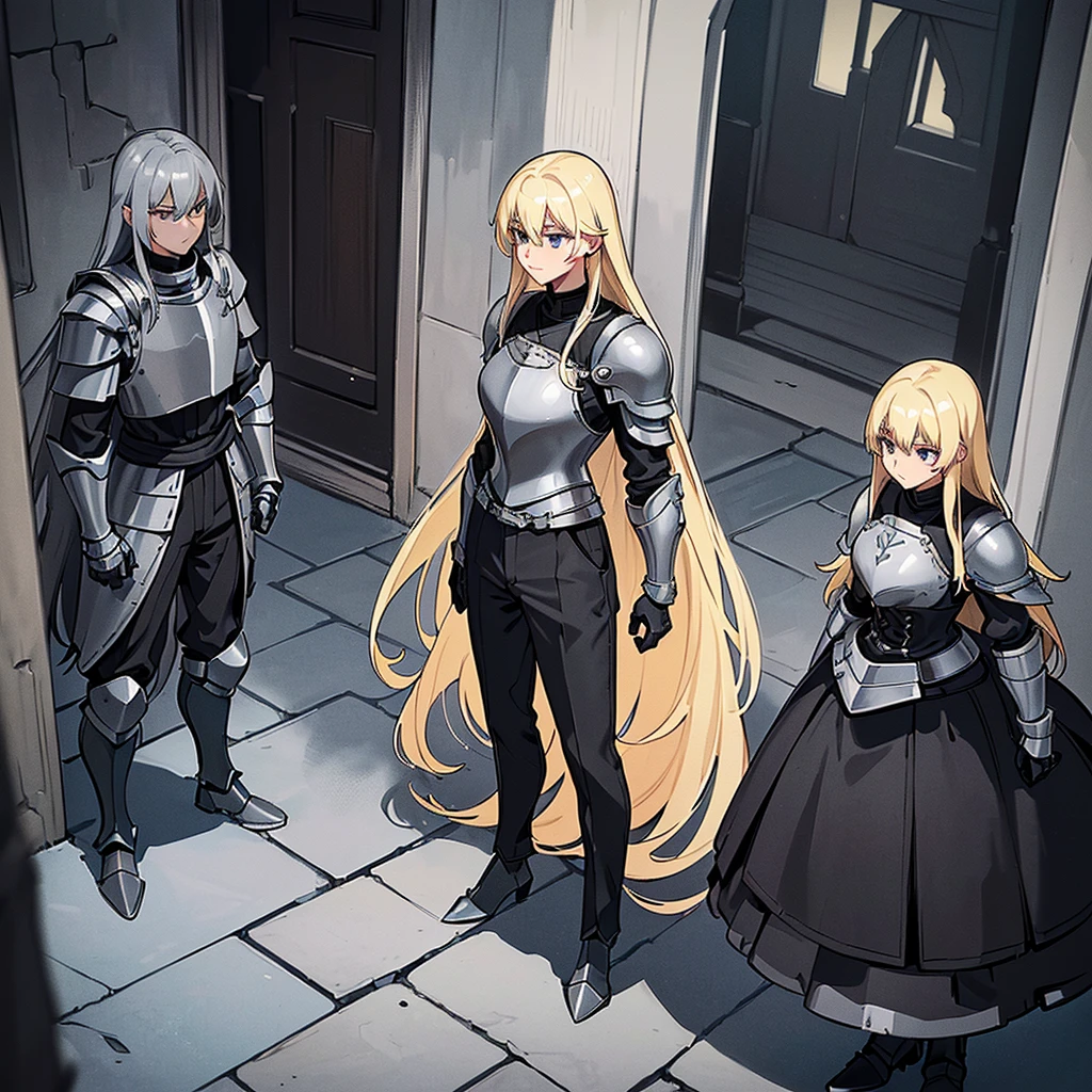 Best illustrations、Best Quality、(Full body character concept、detailed)、(((Simple grey armor、Black trousers、Black gloves、woman、18-year-old、Blonde、Long Hair)))、(((Get Ready)))、(From above at an angle)、(Old ruins、Grasedieval knights4people