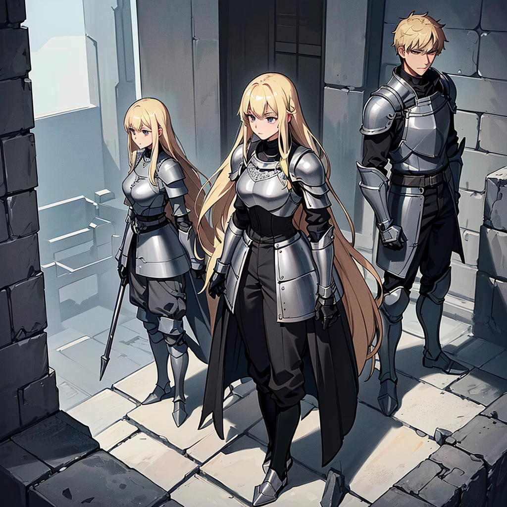 Best illustrations、Best Quality、(Full body character concept、detailed)、(((Simple grey armor、Black trousers、Black gloves、woman、18-year-old、Blonde、Long Hair)))、(((Get Ready)))、(From above at an angle)、(Old ruins、Grasedieval knights４people