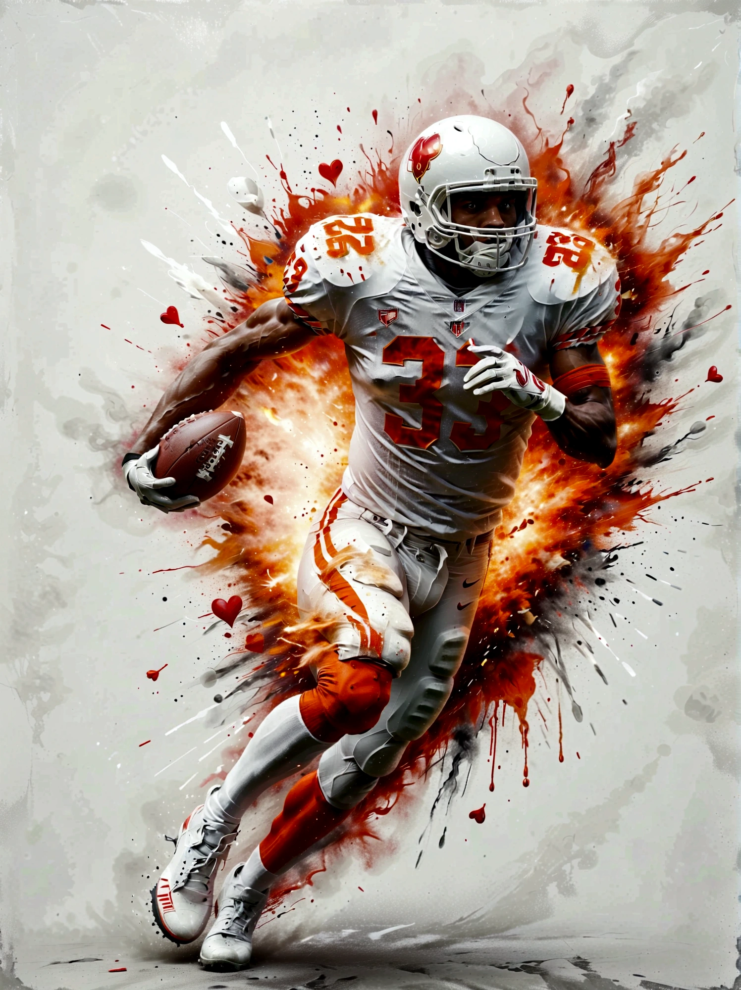 Imagine an intense and dynamic illustration of an American football player, defined by a Caucasian descent, who seems to be exploding out from the King of Hearts playing card. This football player is garbed in a white jersey adorned with orange stripes and conspicuously marked with the number 33. In a powerful pose, he tightly grips a football, illustrating a potent action sequence. Encapsulating the player, there is an impressive explosive effect, which is visually characterized by splashes of white and orange paint, culminating in a dramatic and impactful visual scene.