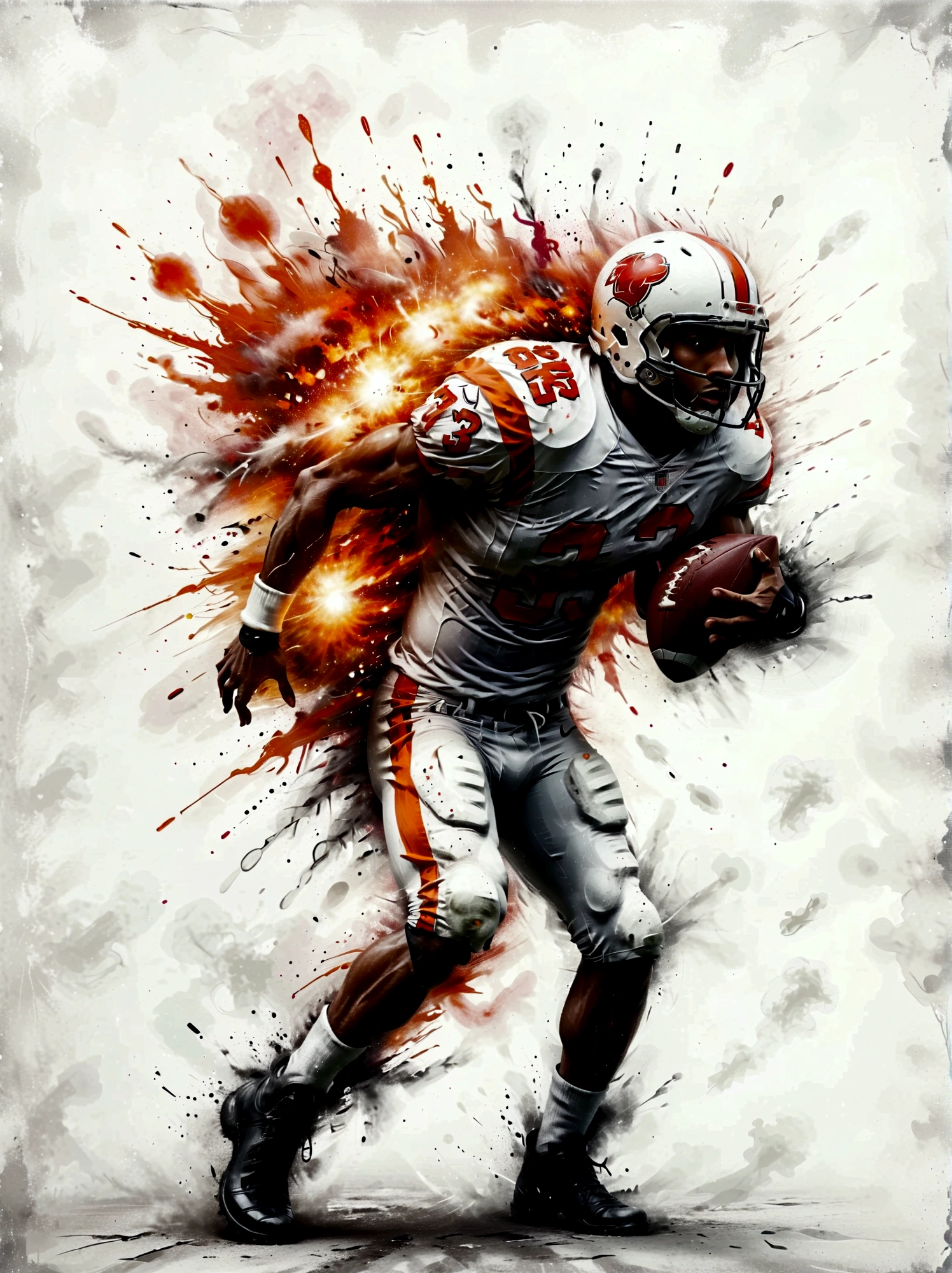 A Middle Eastern football player in action. This image has been painted with vibrant colors and bold brushstrokes to accentuate the energy and intensity of a professional athlete. The athlete possesses a strong and muscular body, with well-defined arms that project a powerful athletic aura. His confident pose encapsulates his readiness to rule the field. The dynamism of the scene, frozen through the capture of a high-speed lens, showcases his agility and tenacious determination. The vibrant color palette adds another layer to the excitement, punctuating the football player's intense focus. This image, drawing inspiration from hyperrealism, embodies the essence of a professional football player. Perfect as a sports magazine cover or motivational poster.