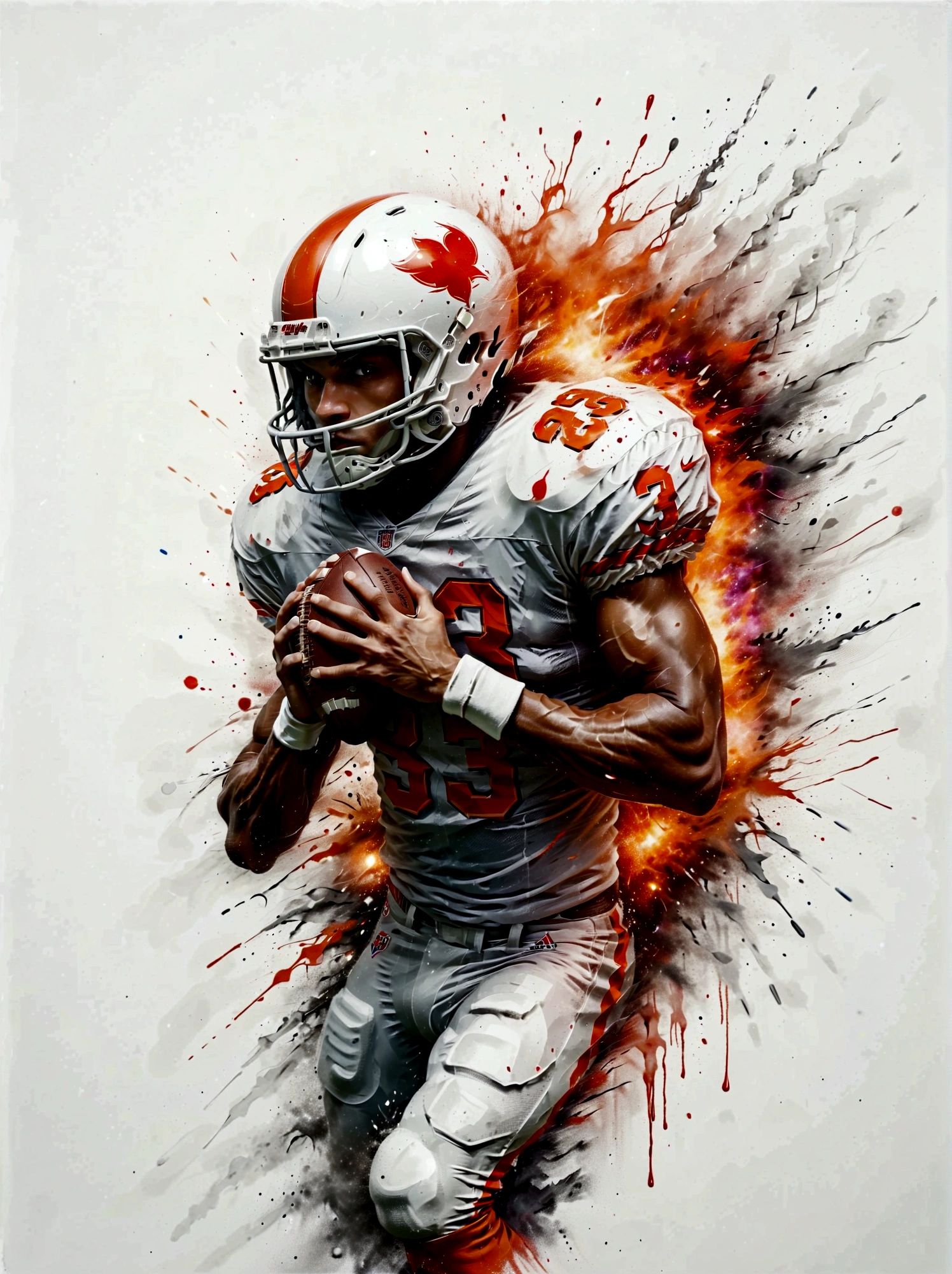 Imagine an intense and dynamic illustration of an American football player, defined by a Caucasian descent, who seems to be exploding out from the King of Hearts playing card. This football player is garbed in a white jersey adorned with orange stripes and conspicuously marked with the number 33. In a powerful pose, he tightly grips a football, illustrating a potent action sequence. Encapsulating the player, there is an impressive explosive effect, which is visually characterized by splashes of white and orange paint, culminating in a dramatic and impactful visual scene.