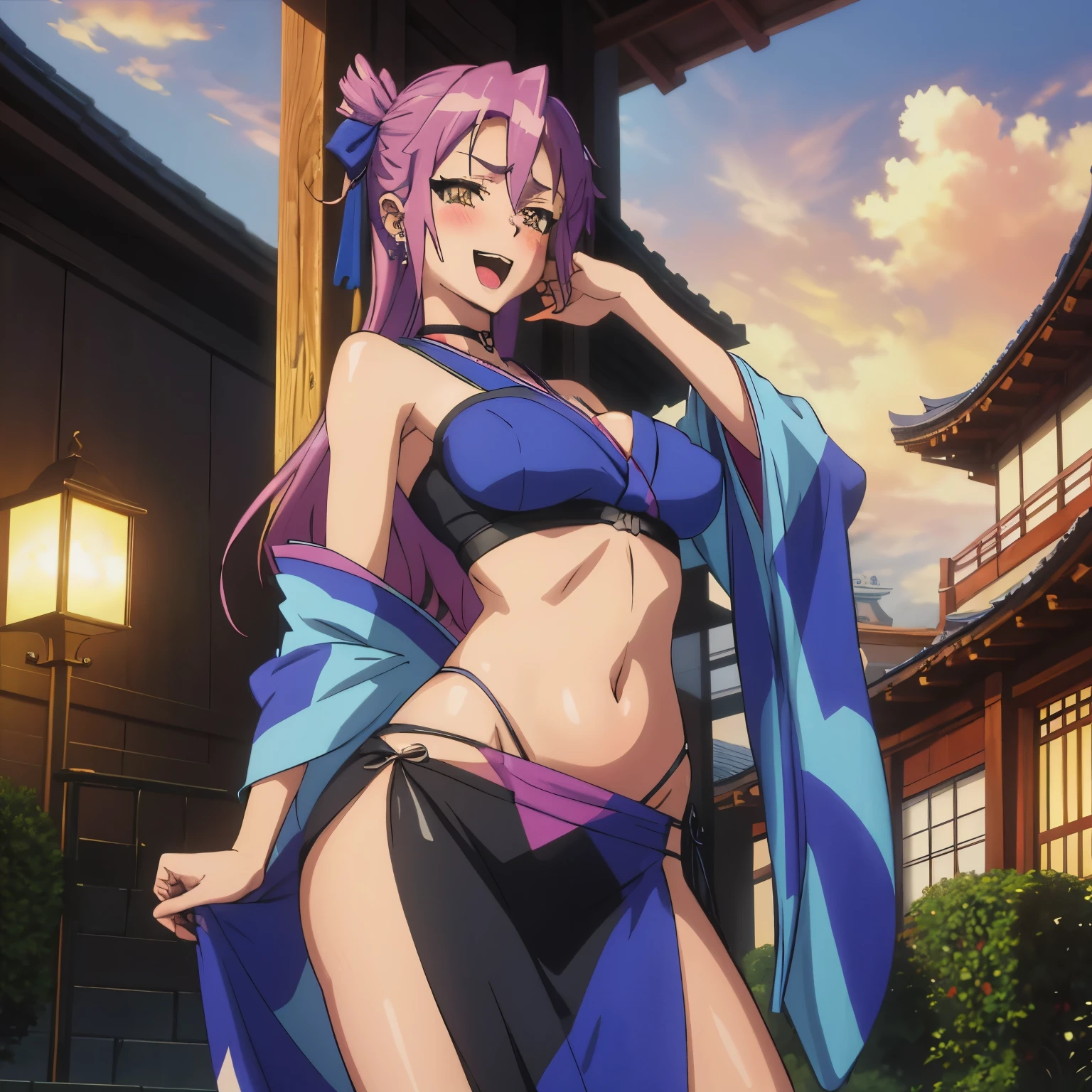 2girl, two girl, long hair, long hair, choker, ear piercing, navel piercing, large breast, blush, lipstick, masterpiece, best quality, highly detailed, a anime girls in kimono dress with a sword posing for a
picture, bare shoulder,open kimono, evil smile, open mouth, crop top , (nsfw) not safe for work, smile,
ecchi anime style, anime girls, ecchi style, ecchi, digital anime art!!, in anime style, official artwork, visual
novel cg, beautiful anime girl, anime style 4 k, kimono pencil skirt, exposed belly, exposed navel,
exposed midriff, exposed lower belly, outdoor, japanese architecture, temple, navel piercing