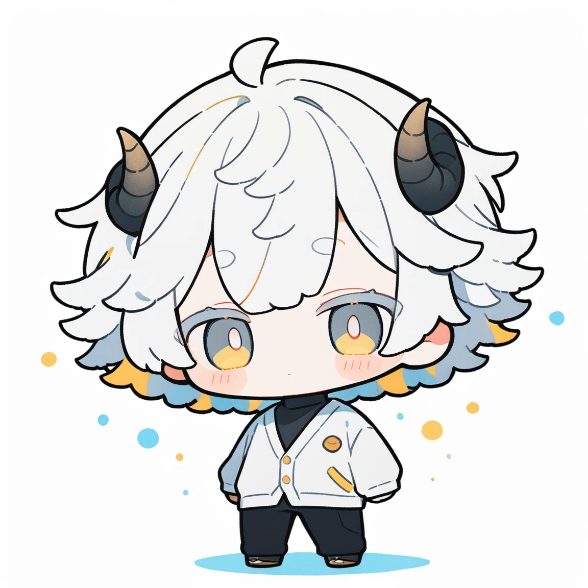 {{full body, dutch angle}} 1boy, chibi, white hair, short hair, yellow eyes, sheep horns, white cardigan, white turtleneck, balck pants, white background, standing