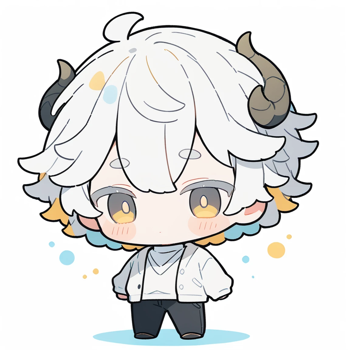 {{full body, dutch angle}} 1boy, chibi, white hair, short hair, yellow eyes, sheep horns, white cardigan, white turtleneck, balck pants, white background, standing