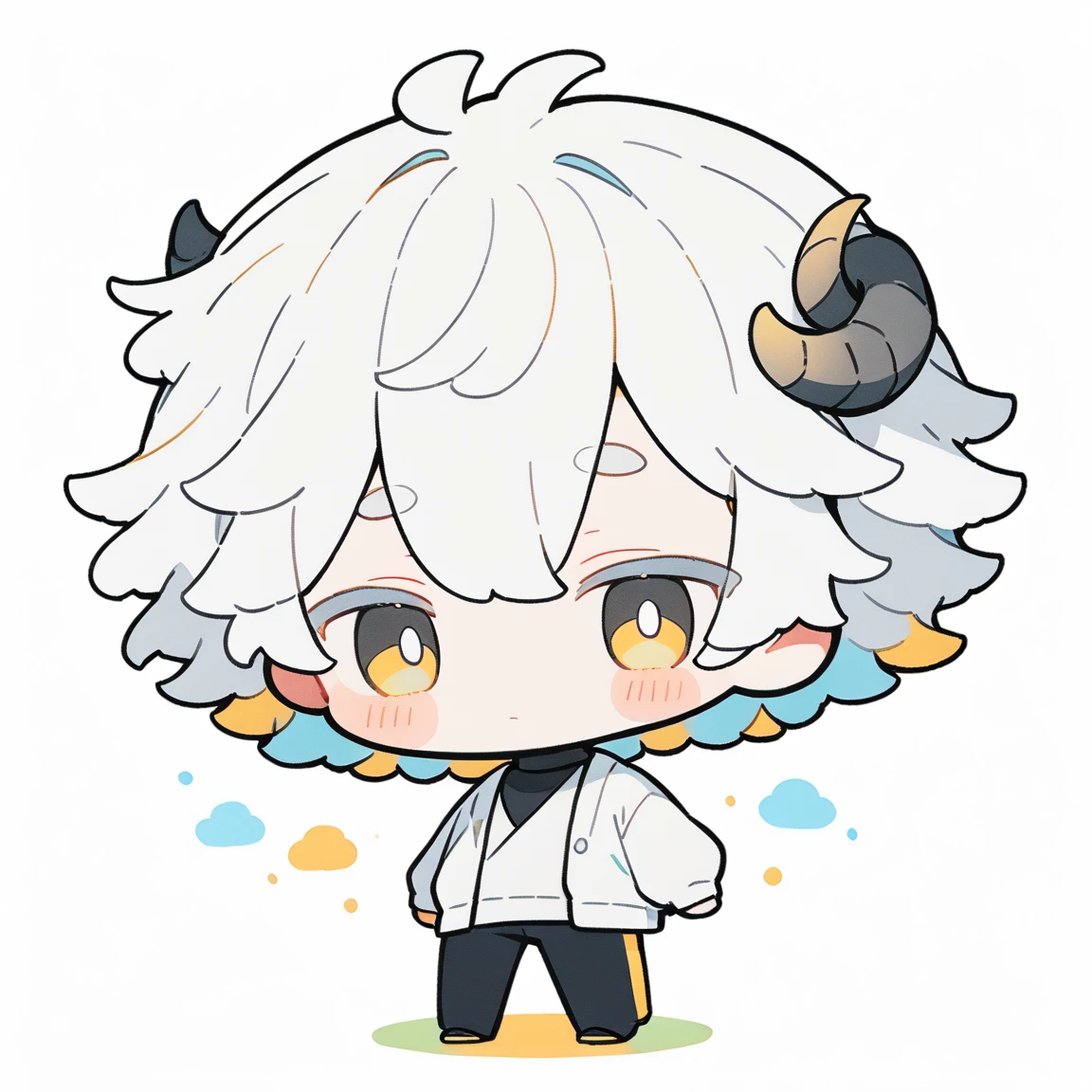 {{full body, dutch angle}} 1boy, chibi, white hair, short hair, yellow eyes, sheep horns, white cardigan, white turtleneck, balck pants, white background, standing