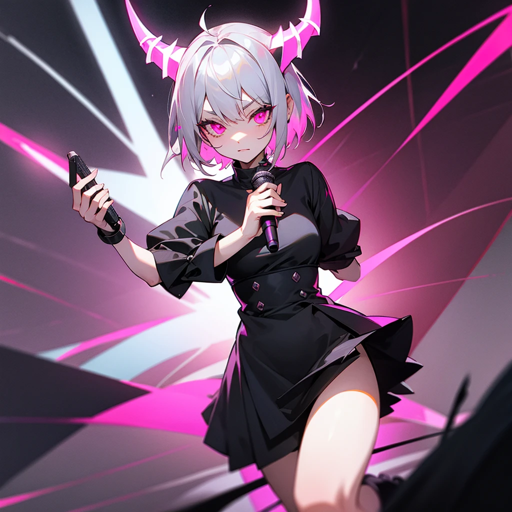 Short silver hair, black dress, demon horns, glowing microphone, pink eyes