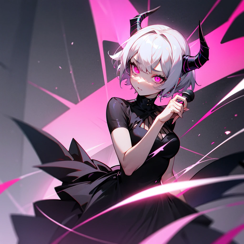 Short silver hair, black dress, demon horns, glowing microphone, pink eyes