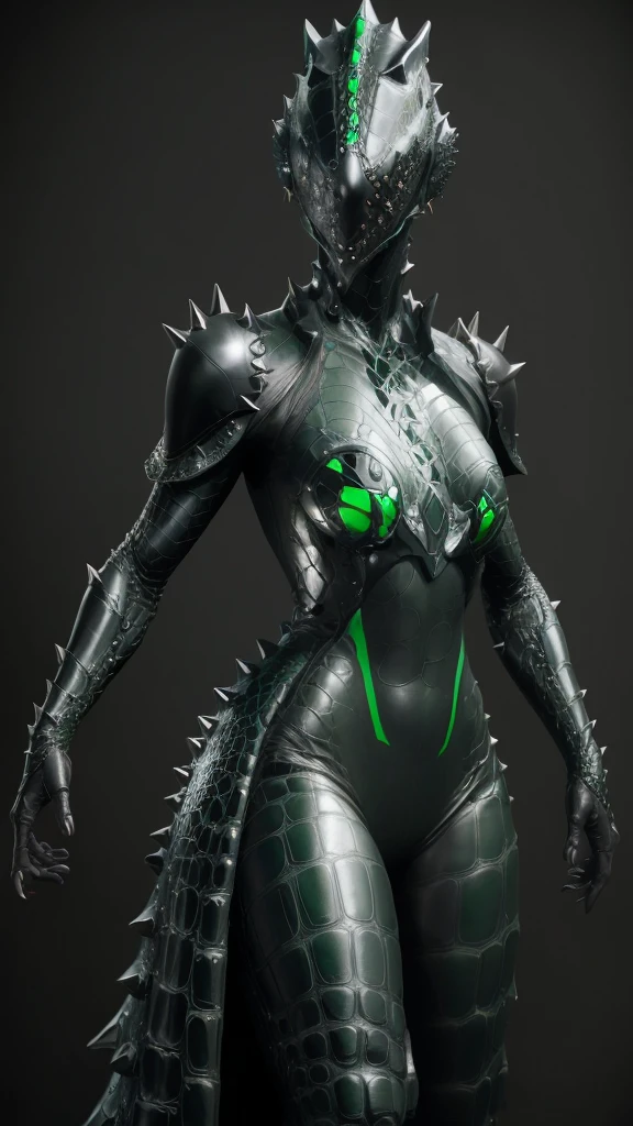 Beautiful girl fused with a crocodile. (High quality) （black and dark green image color）. body suit. cyber style. she have great sword. spike accessory. Biological Armor. Biological helmet. eye mask.