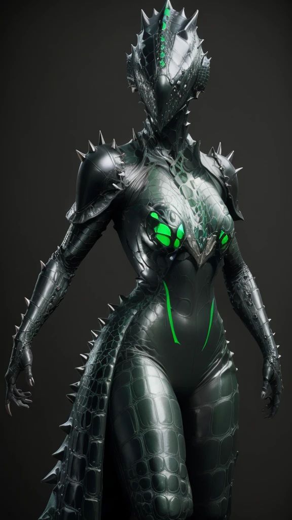 Beautiful girl fused with a crocodile. (High quality) （black and dark green image color）. body suit. cyber style. she have great sword. spike accessory. Biological Armor. Biological helmet. eye mask.