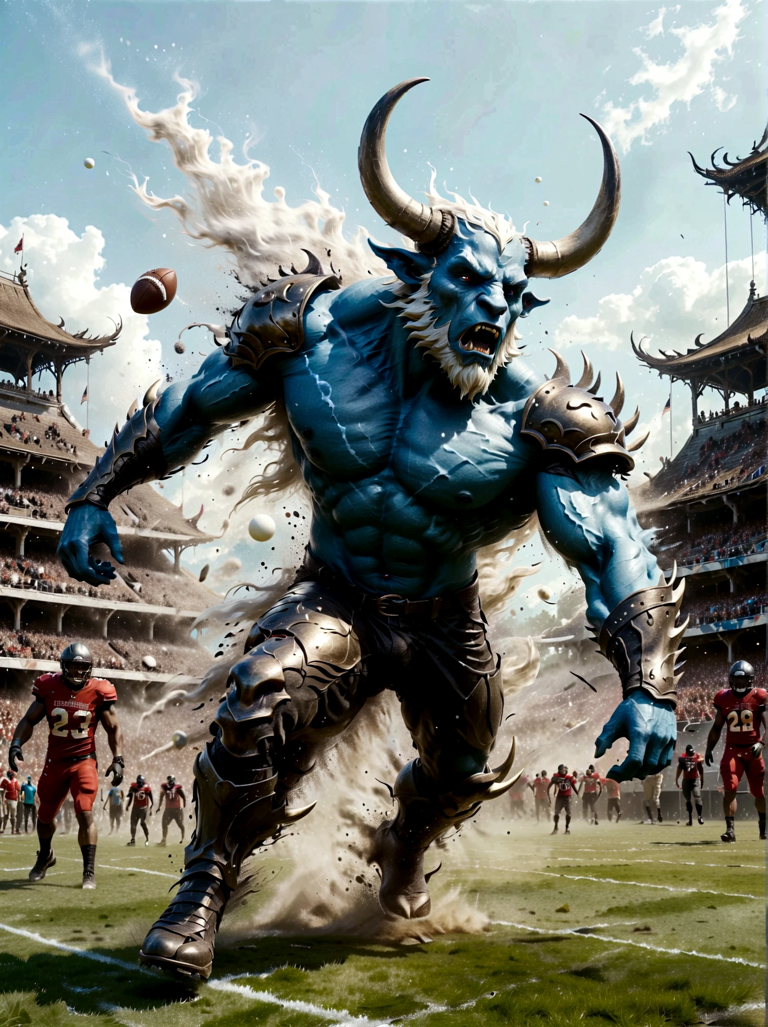 Generate an image of a fantastical sports scene, with action taking place on a pitch that combines American football and fantasy elements. There is a muscular, horned humanoid creature, similar to a Minotaur, who is graspping the ball tightly in his hands. The creature has icy blue eyes and a pair of large, curved white horns. He's wearing a sort of armored outfit suitable for a combative sport, akin to a rugby uniform, but much more detailed and fantastical. Around the pitch, there are sinister decor elements such as a moat with spiked obstacles and gargoyles watching the unfolding match. The crowd is a lively mix of various fantastical races, cheering and roaring in excitement.