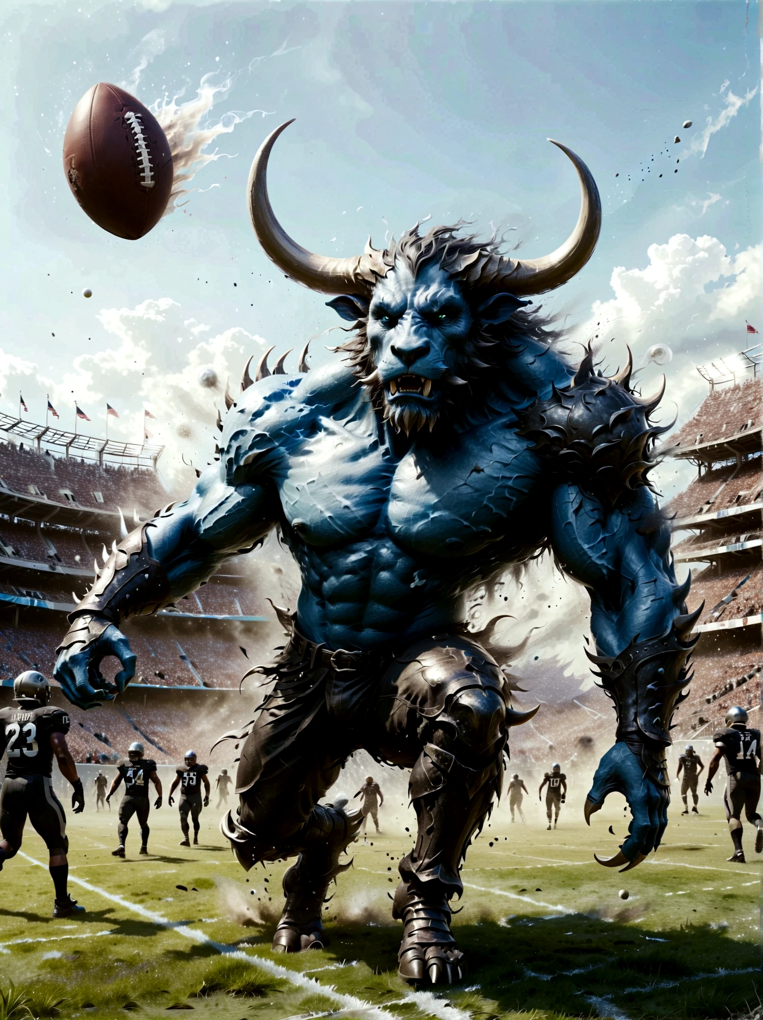 Generate an image of a fantastical sports scene, with action taking place on a pitch that combines American football and fantasy elements. There is a muscular, horned humanoid creature, similar to a Minotaur, who is graspping the ball tightly in his hands. The creature has icy blue eyes and a pair of large, curved white horns. He's wearing a sort of armored outfit suitable for a combative sport, akin to a rugby uniform, but much more detailed and fantastical. Around the pitch, there are sinister decor elements such as a moat with spiked obstacles and gargoyles watching the unfolding match. The crowd is a lively mix of various fantastical races, cheering and roaring in excitement.