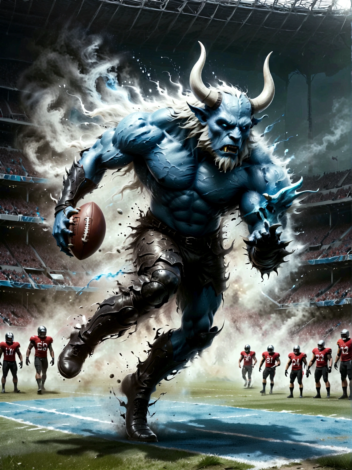 Generate an image of a fantastical sports scene, with action taking place on a pitch that combines American football and fantasy elements. There is a muscular, horned humanoid creature, similar to a Minotaur, who is graspping the ball tightly in his hands. The creature has icy blue eyes and a pair of large, curved white horns. He's wearing a sort of armored outfit suitable for a combative sport, akin to a rugby uniform, but much more detailed and fantastical. Around the pitch, there are sinister decor elements such as a moat with spiked obstacles and gargoyles watching the unfolding match. The crowd is a lively mix of various fantastical races, cheering and roaring in excitement.