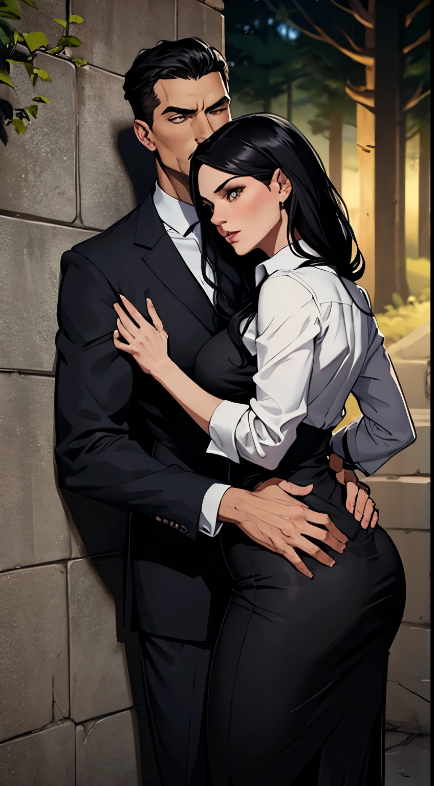 comics: a white woman with dark, wavy black hair, with a passionate look wearing a tight black dress hugging her curves.
The woman looks at a man who is leaning against the wall wearing a black dress shirt and black dress pants while smoking, his possessive hands are on the woman's waist.
The setting is at night where it is a dark forest.
He looks at the woman with a possessive look Book cover
