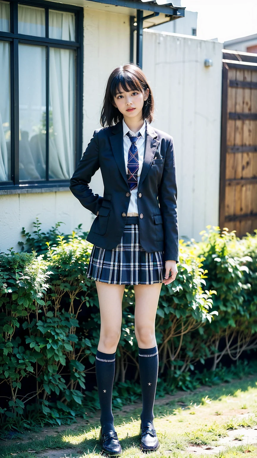 (8K、RAW Photos、Highest quality、masterpiece:1.2)、(Realistic、Realistic)、1 Girl、((Black Check Mini Skirt、High School Uniform、blazer、Navy Socks、loafers、Medium Hair、garden、View from the front、Looking into the camera、Stand with hands on hips))、cute