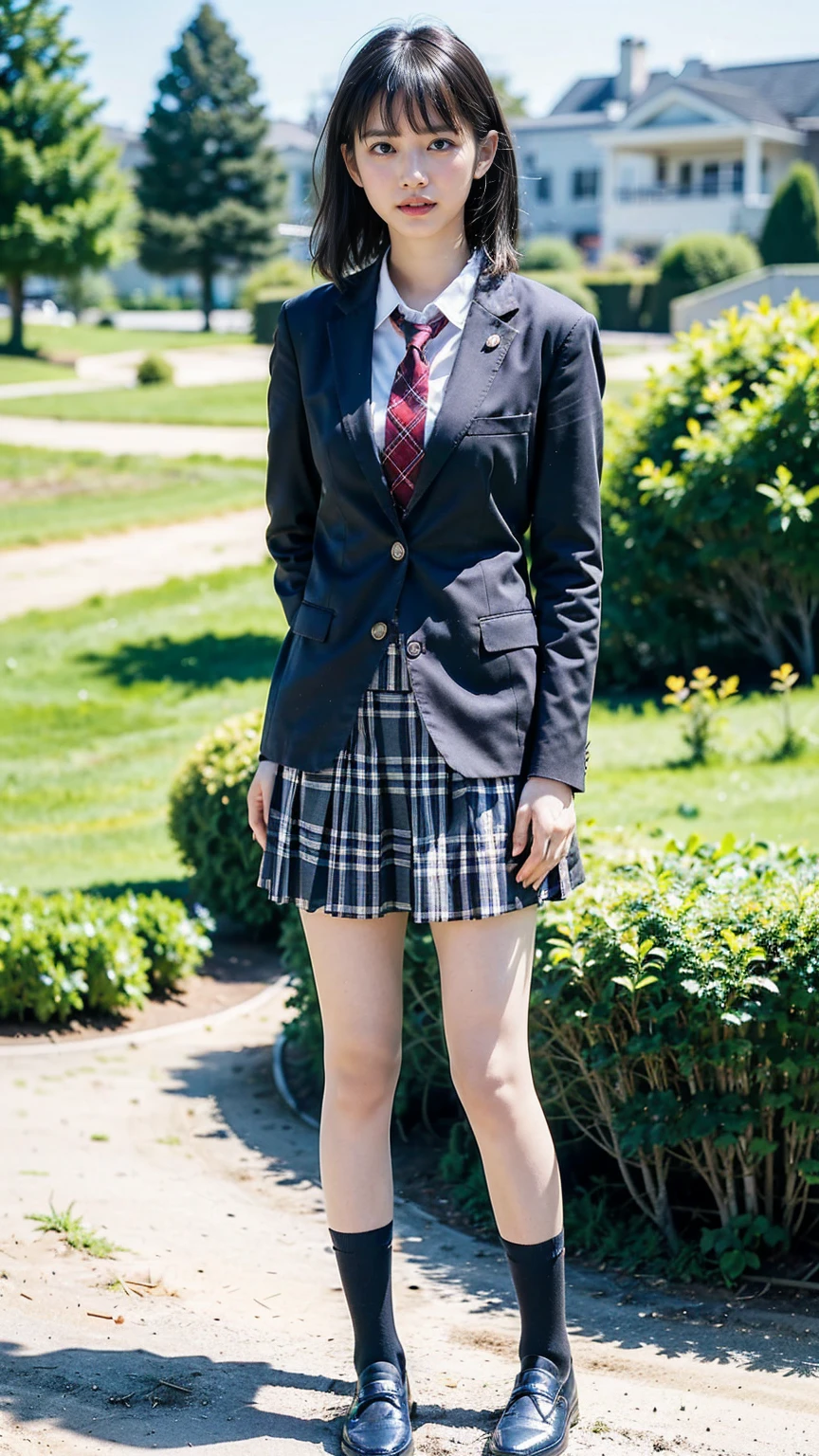 (8K、RAW Photos、Highest quality、masterpiece:1.2)、(Realistic、Realistic)、1 Girl、((Black Check Mini Skirt、High School Uniform、blazer、Navy Socks、loafers、Medium Hair、garden、View from the front、Looking into the camera、Stand with hands on hips))、cute