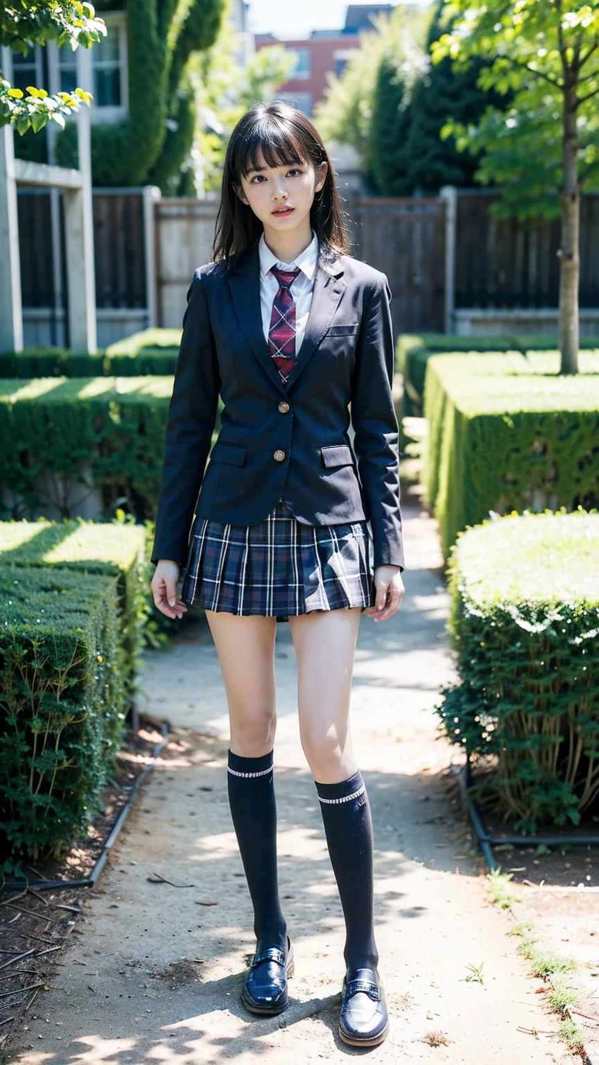 (8K、RAW Photos、Highest quality、masterpiece:1.2)、(Realistic、Realistic)、1 Girl、((Black Check Mini Skirt、High School Uniform、blazer、Navy Socks、loafers、Medium Hair、garden、View from the front、Looking into the camera、Stand with hands on hips))、cute