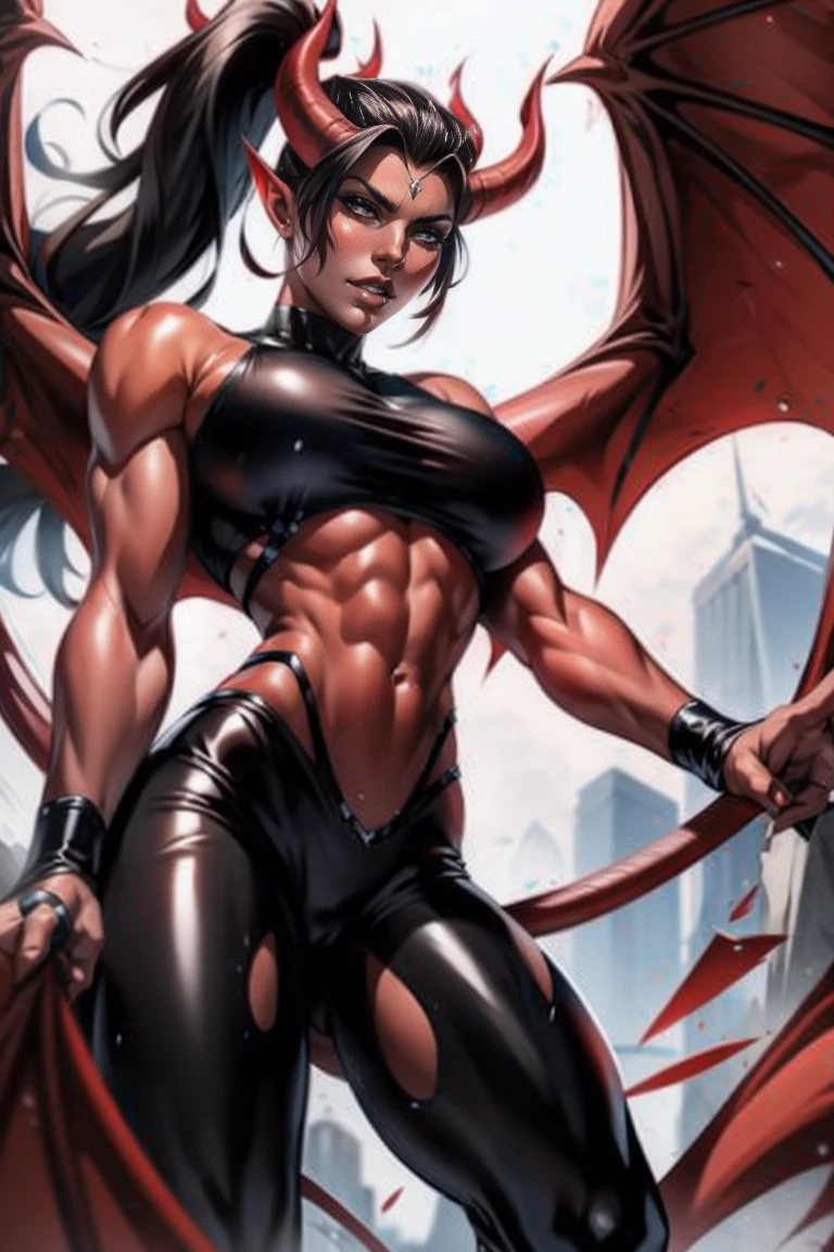 Red skin succubus tiefling, medium breasts, black horns, wings, huge tail, black leather, crop top, tall, toned, graceful, thin, long black ponytail. Action scene, shotgun.