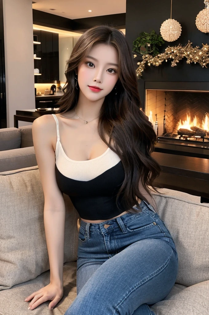 Generate an image of a stunning 20-year-old Asian woman with beauty akin to a goddess of the fire element. She has big brown eyes, dark brown hair, glowing skin, and an attractive appearance. She is wearing a beautiful top paired with blue skinny jeans. The woman is sitting sweetly on a living room sofa, her posture relaxed and inviting, surrounded by cozy and elegant decor.