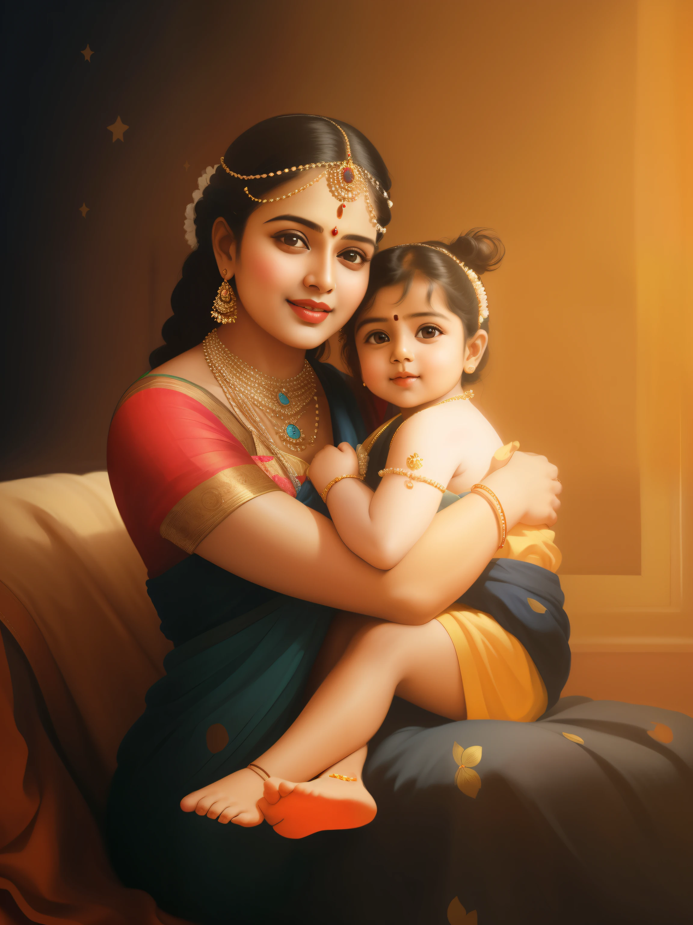 there is a woman holding a baby in her arms, maternal photography 4 k, adorable digital painting, inspired by T. K. Padmini, inspired by Raja Ravi Varma, beautiful digital painting, gorgeous digital painting, high quality digital painting, painting of beautiful, realistic cute girl painting, professional digital painting, digtial painting, stunning digital painting, realistic studio portrait