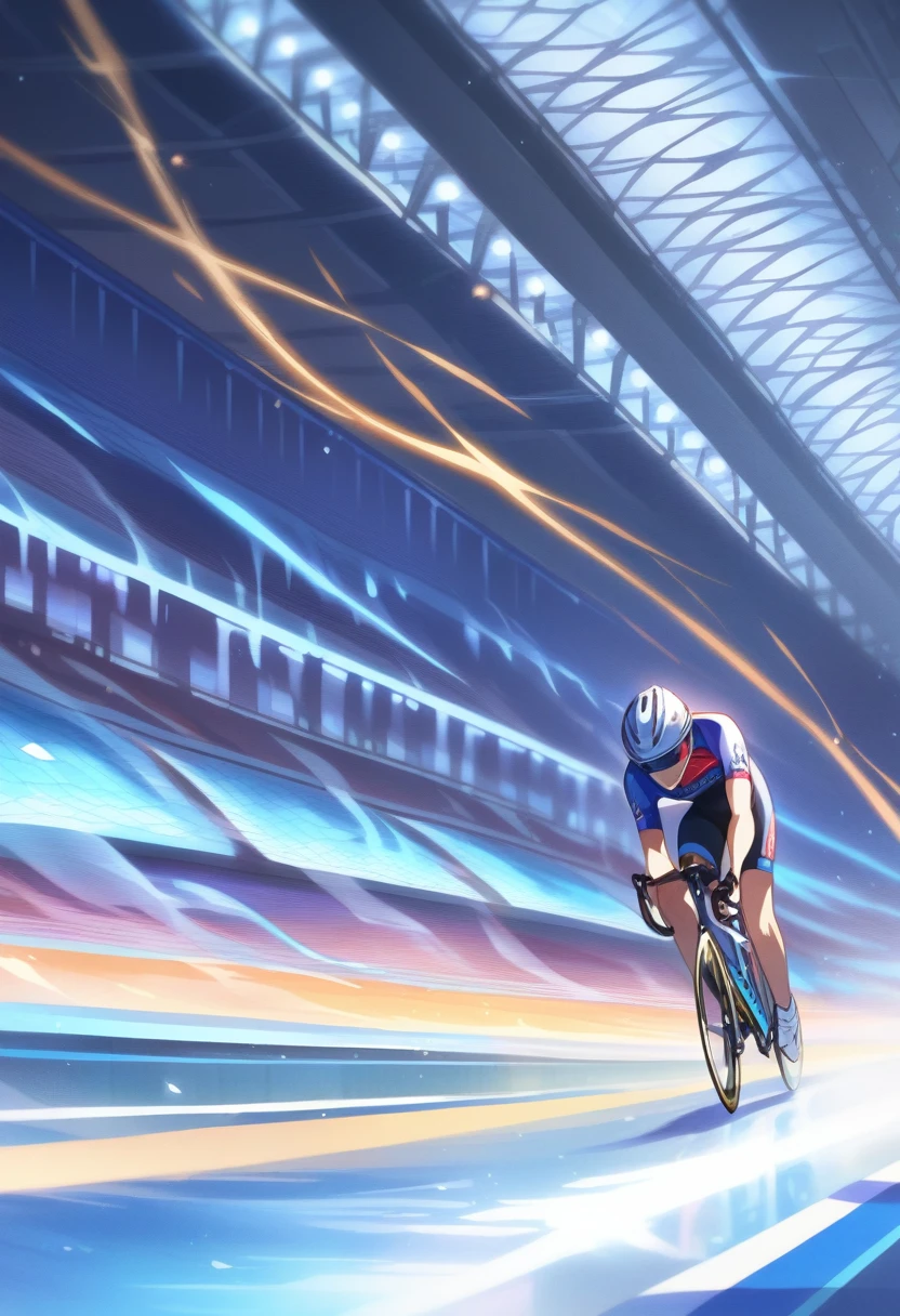((Masterpiece)), ((Best Quality)), (Very Detailed), ((Very Detailed)), 4K, (8K), very aesthetic, absurdres highres, An Olympic cyclist races down the banks of an indoor stadium. Athletes lean forward to reduce wind resistance and wear streamlined helmets. There are spectator seats in the background, with bright lights illuminating the players. The muscle tension and details of the bicycle are realistically depicted to convey the athlete's concentration and sense of speed.