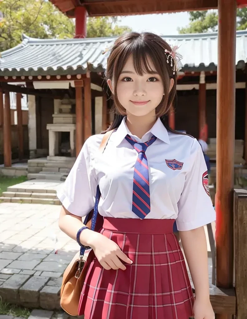 Dark blue short skirt, Crimson tie, Dark blue blazer uniform, (high school girl)