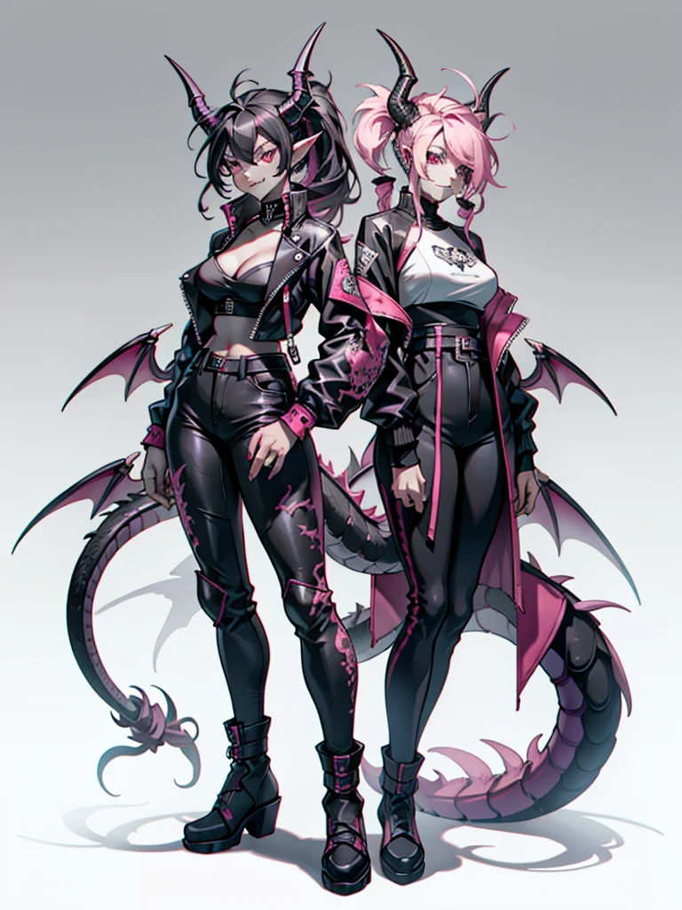 female half dragon with grey skin, with black hair twin tails style, with pink streaks, sharp teeth, black biker outfit, dragon tail and dragon horns, full body
