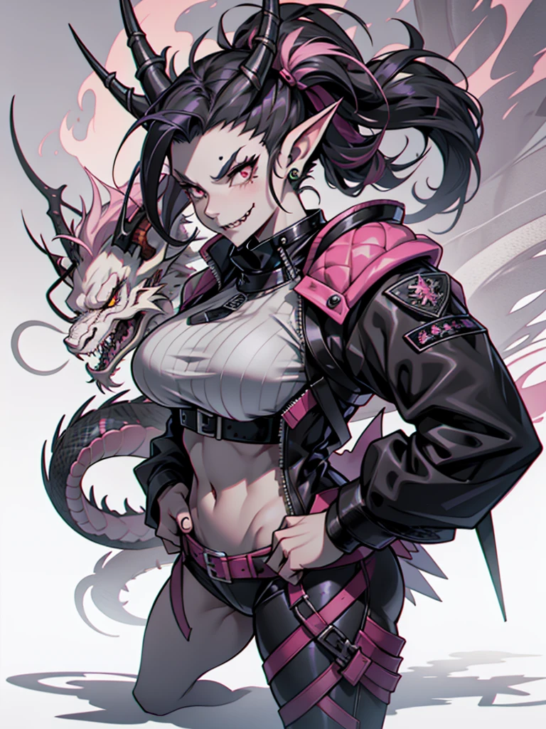 female half dragon with grey skin, with black hair twin tails style, with pink streaks, sharp teeth, black biker outfit, dragon tail and dragon horns, full body
