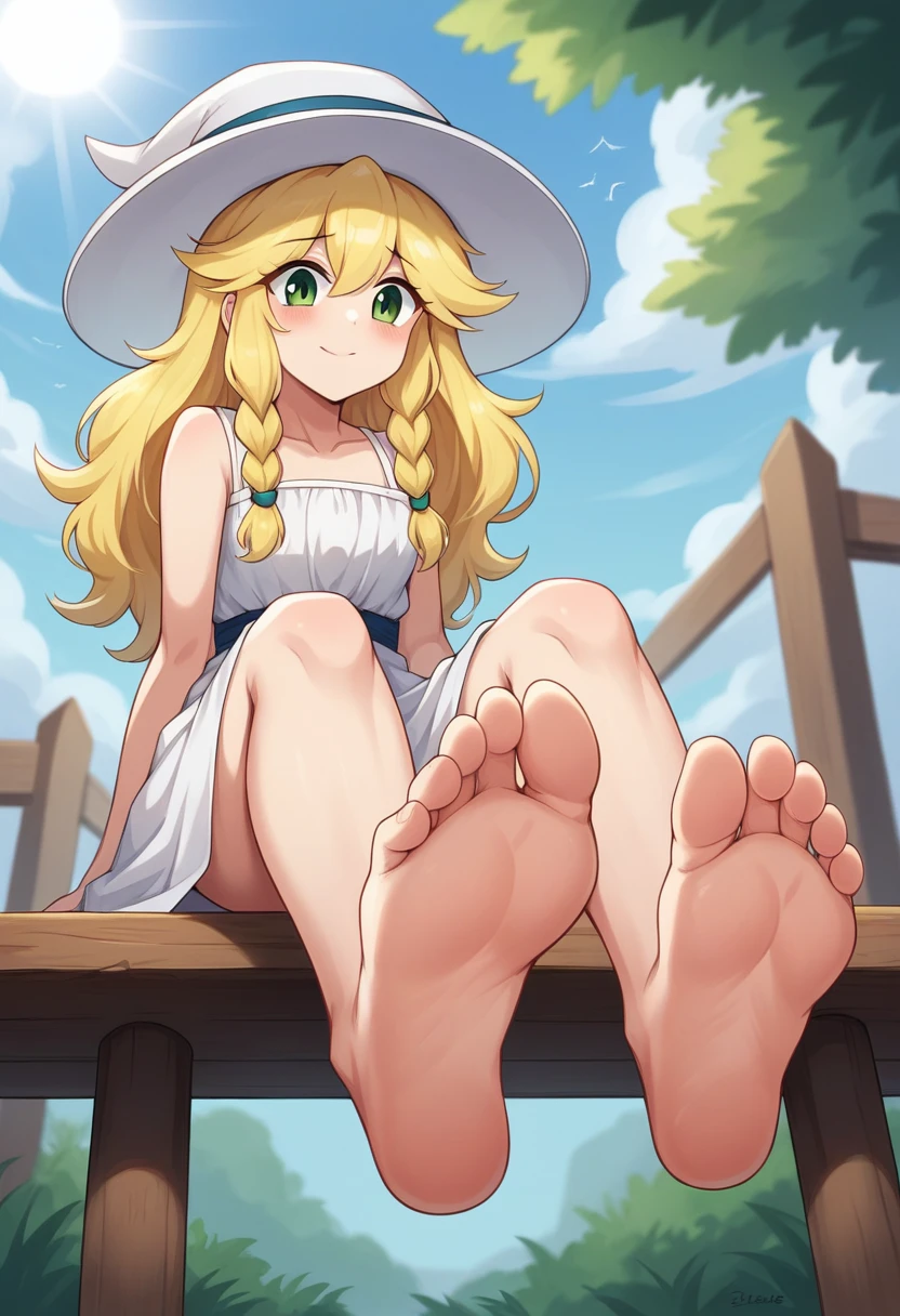 Gadget Hackwrench, young, mouse, blonde hair, long hair, narrowed eyes, blue eyes, pink nose, body fur, small breasts, detailed body fur, detailed face, detailed eyes, glistering body, shiny body, gorgeous body, masterpiece, high quality, ((nude, naked, no clothes)), full body, feets with three toes, 3 toes, beach, clear sky, skinny, sit on beach chair, legs spread, blushing, hands on belly, seductive,
