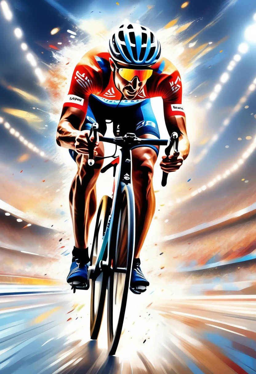 ((Masterpiece)), ((Best Quality)), (Very Detailed), ((Very Detailed)), 4K, (8K), very aesthetic, absurdres highres, An Olympic cyclist races down the banks of an indoor stadium. Athletes lean forward to reduce wind resistance and wear streamlined helmets. There are spectator seats in the background, with bright lights illuminating the players. The muscle tension and details of the bicycle are realistically depicted to convey the athlete's concentration and sense of speed.