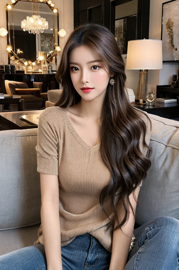 Generate an image of a stunning 20-year-old Asian woman with beauty akin to a goddess of the fire element. She has big brown eyes, dark brown hair, glowing skin, and an attractive appearance. She is wearing a beautiful top paired with blue skinny jeans. The woman is sitting sweetly on a living room sofa, her posture relaxed and inviting, surrounded by cozy and elegant decor.