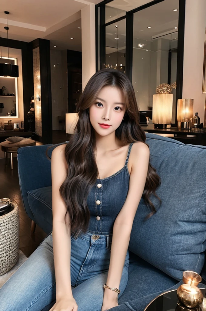 Generate an image of a stunning 20-year-old Asian woman with beauty akin to a goddess of the fire element. She has big brown eyes, dark brown hair, glowing skin, and an attractive appearance. She is wearing a beautiful top paired with blue skinny jeans. The woman is sitting sweetly on a living room sofa, her posture relaxed and inviting, surrounded by cozy and elegant decor.