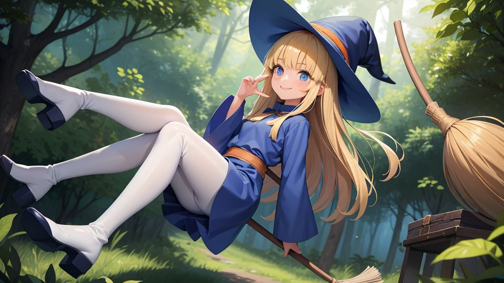 Perfect Biology、masterpiece, taller than,Very detailed, Absurd, witch, 8-year-old, girl,  alone, Blonde, Long Hair,  blue eyes, Blue Boots, Long sleeve,Have,in the forest, smile,White Pantyhose, Fly through the sky on a broom