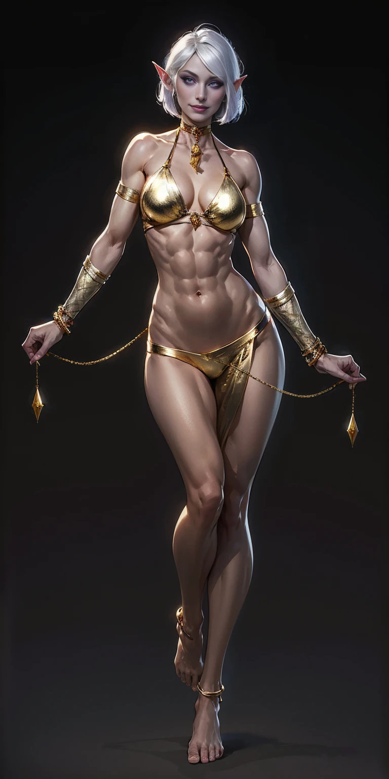 ((plain background:1.2, 1sologirl)) full body standing barefoot, gray skin, drow, elf, Madura, Detailed happy face, purple eyes, white hair bob style, gold bikini, well defined six pack abs, Large knockers, black leather choker with gold bell, gold chain necklace, golden bracers, belly button