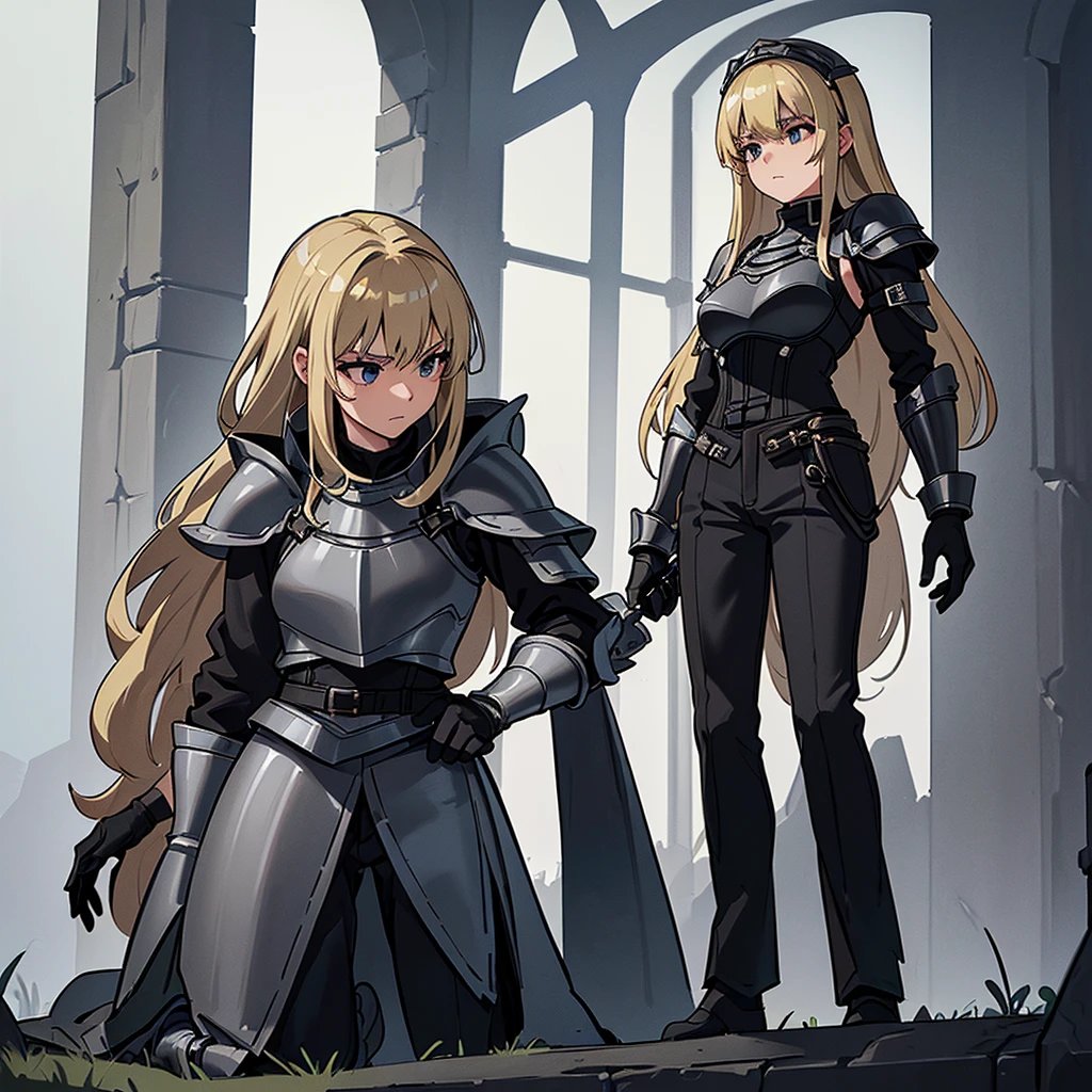 (((Solo)))、Best illustrations、Best Quality、(Full body character concept、detailed)、(((Simple grey armor、Black trousers、Black gloves、woman、18-year-old、Blonde、Long Hair)))、(((Get Ready)))、(From below)、(Old ruins、Grass)、Kneel