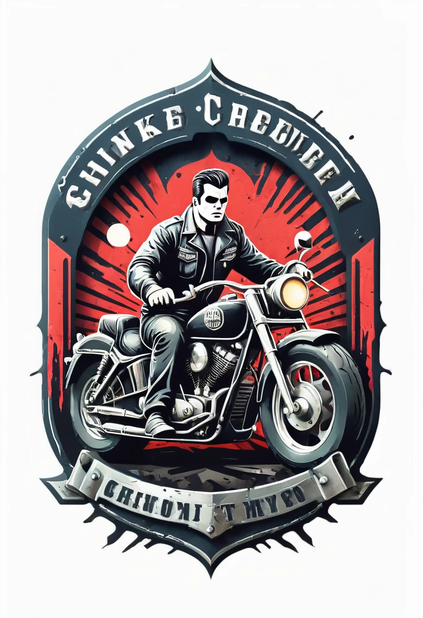 Biker logo design,t shirt design,beefy style,design only,white background,no model,professional,high contrast,high-res,ultra-detailed,vivid colors,metallic accents,sharp focus,edgy,dynamic composition,gritty texture,rough brush strokes,mechanical elements,chrome effect,classic typography,retro style,distressed look,aggressive lines and curves,3D rendering,striking visual impact,dark shadows,strong branding presence,monochromatic palette,industrial aesthetic