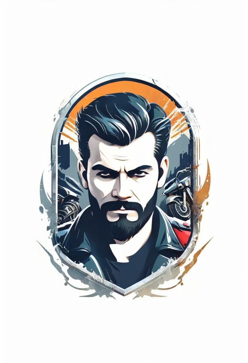 Biker logo design,t shirt design,beefy style,design only,white background,no model,professional,high contrast,high-res,ultra-detailed,vivid colors,metallic accents,sharp focus,edgy,dynamic composition,gritty texture,rough brush strokes,mechanical elements,chrome effect,classic typography,retro style,distressed look,aggressive lines and curves,3D rendering,striking visual impact,dark shadows,strong branding presence,monochromatic palette,industrial aesthetic